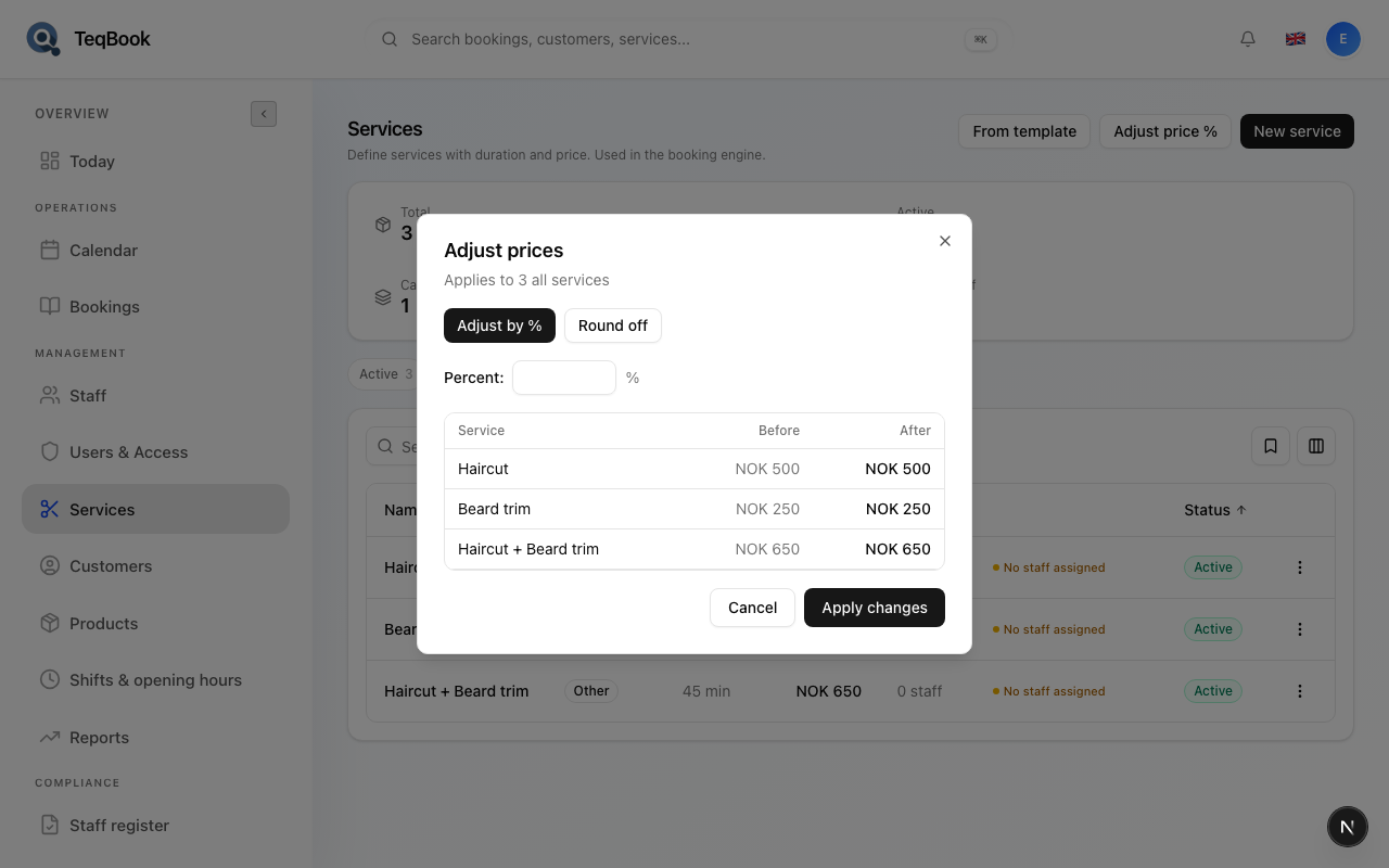 Adjust prices dialog opened