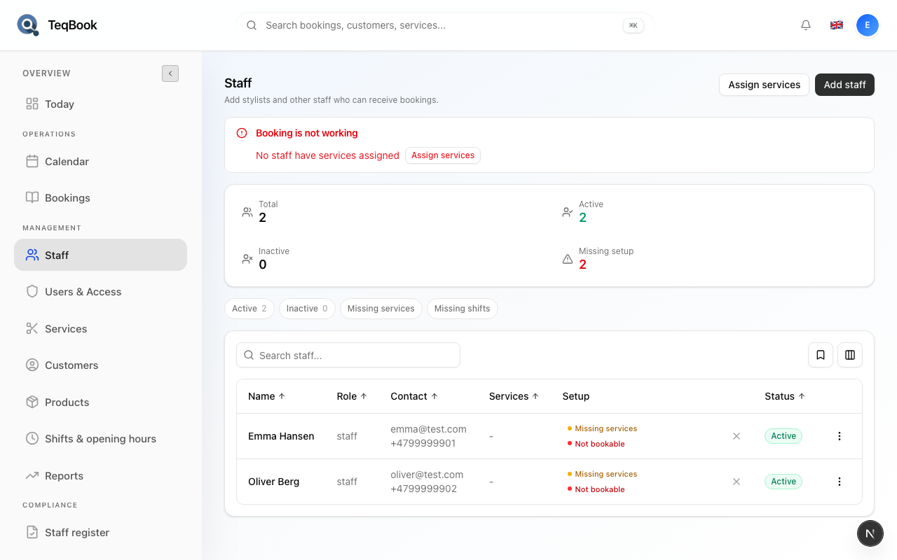 Staff page before assigning services